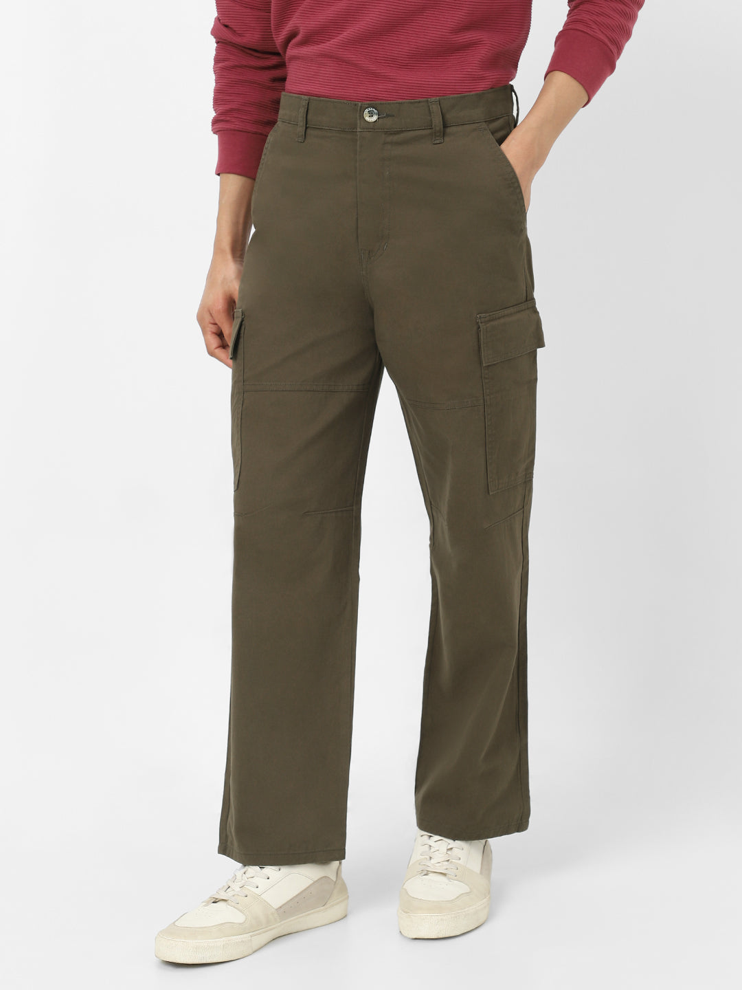 Men's Olive Loose Baggy Fit Solid Cargo Chino Pant with 6 Pockets Non-Stretchable