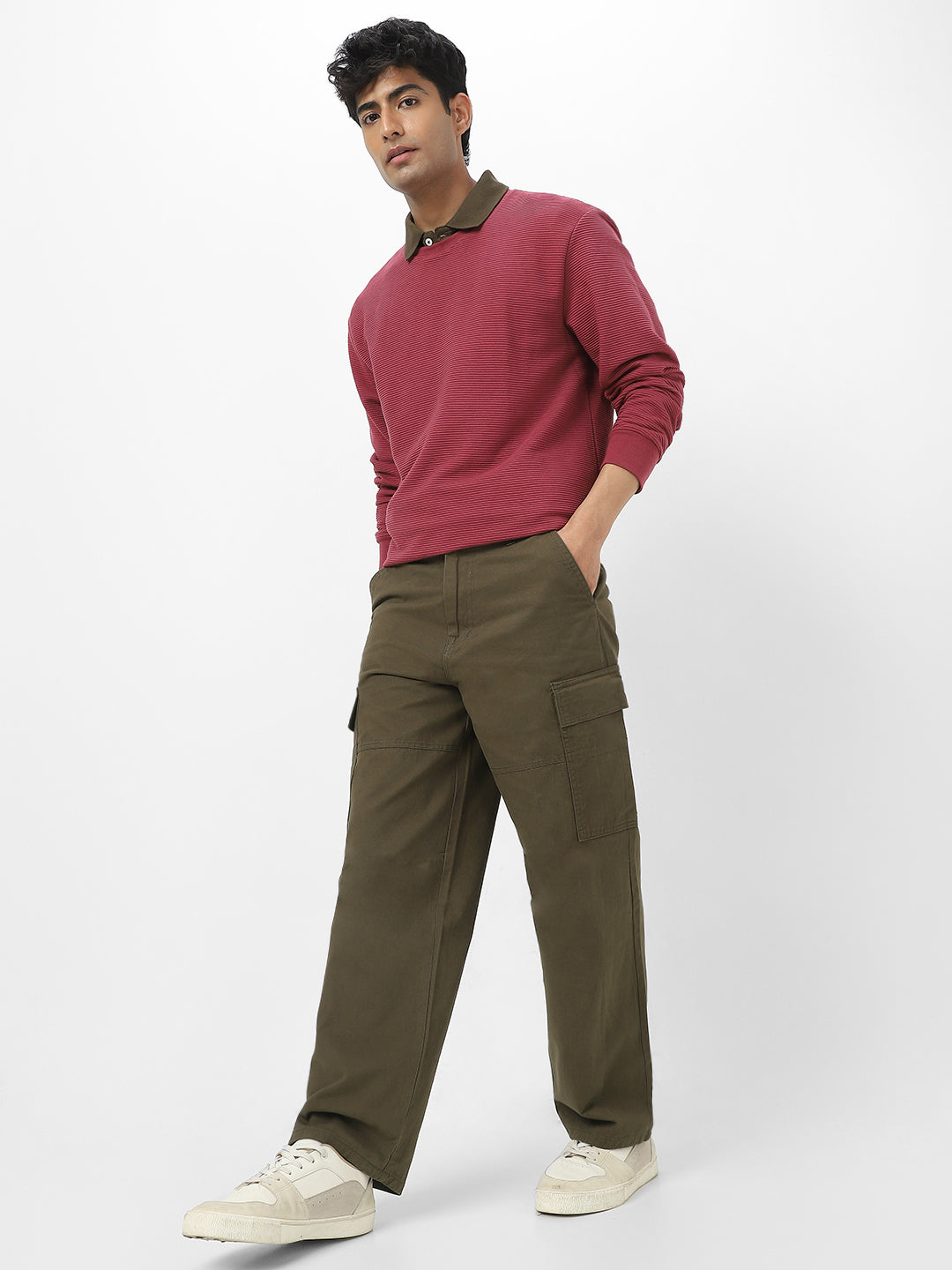 Men's Olive Loose Baggy Fit Solid Cargo Chino Pant with 6 Pockets Non-Stretchable