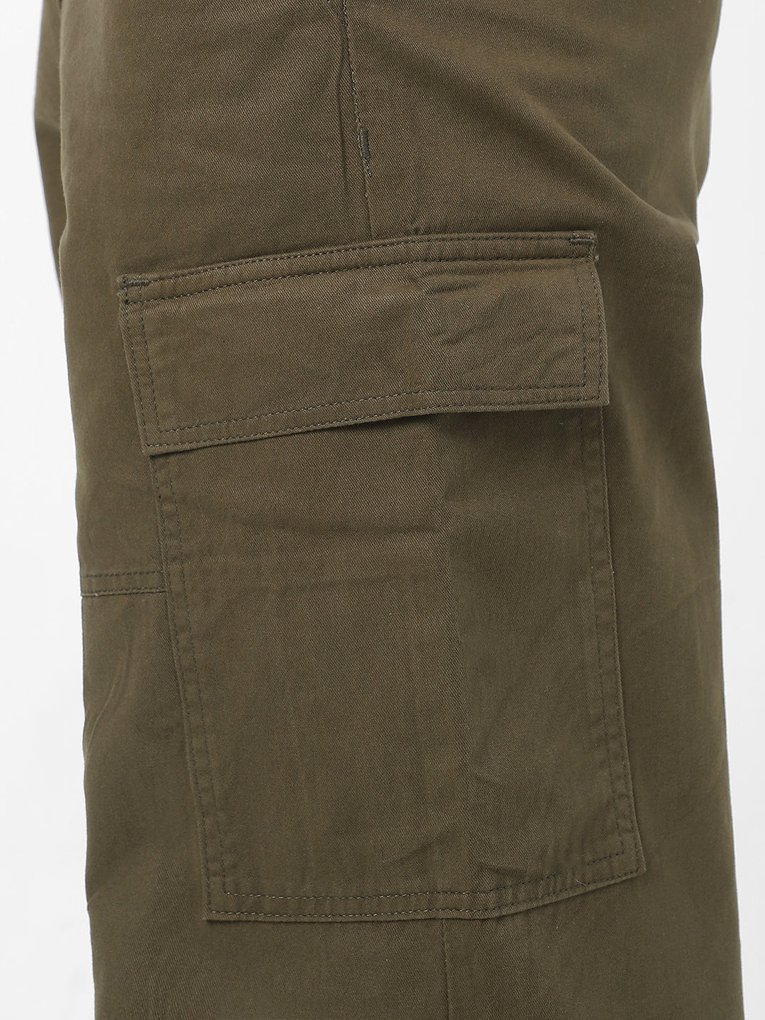 Men's Olive Loose Baggy Fit Solid Cargo Chino Pant with 6 Pockets Non-Stretchable