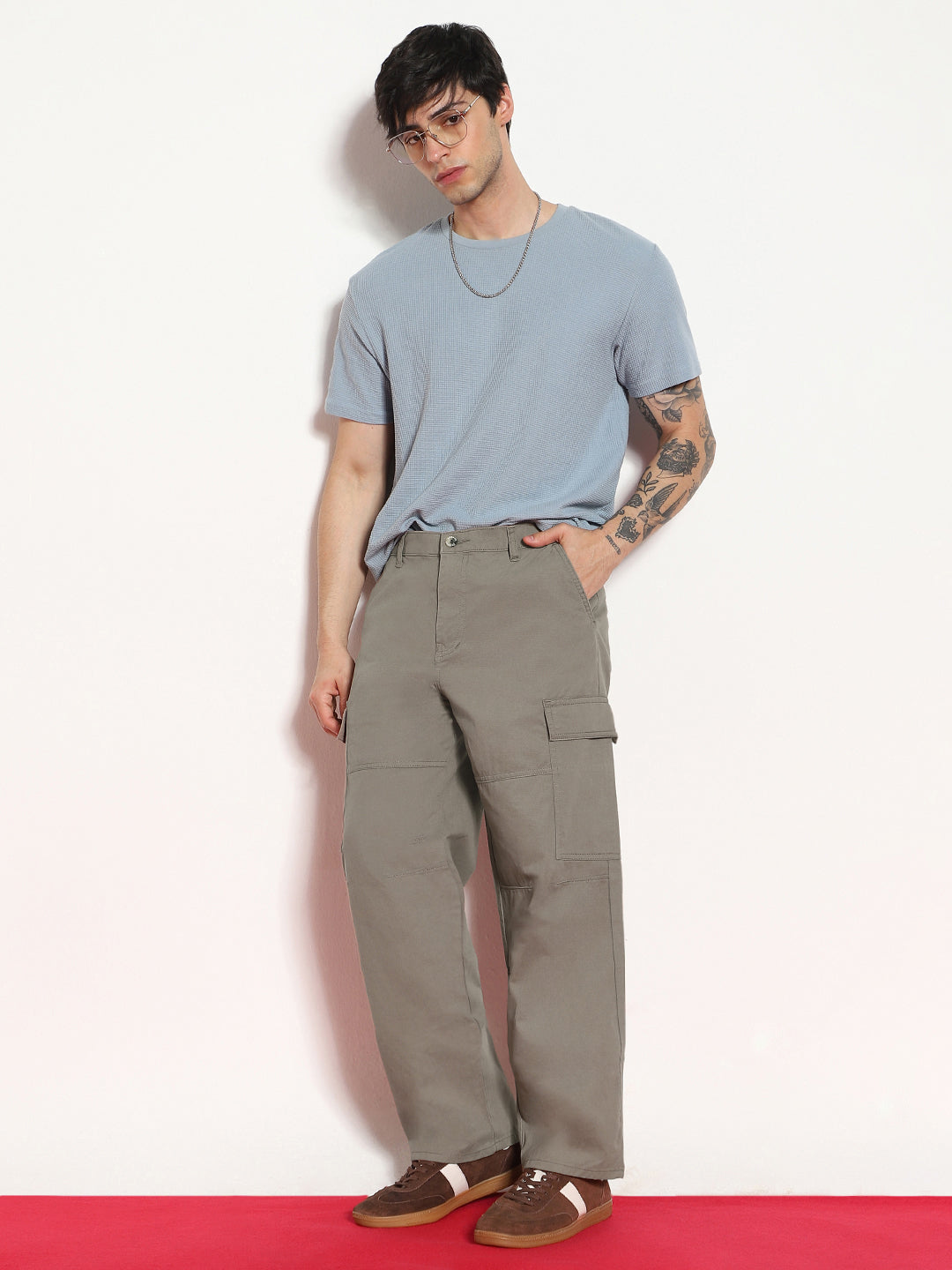 Men's Steel Grey Loose Baggy Fit Solid Cargo Chino Pant with 6 Pockets Non-Stretchable