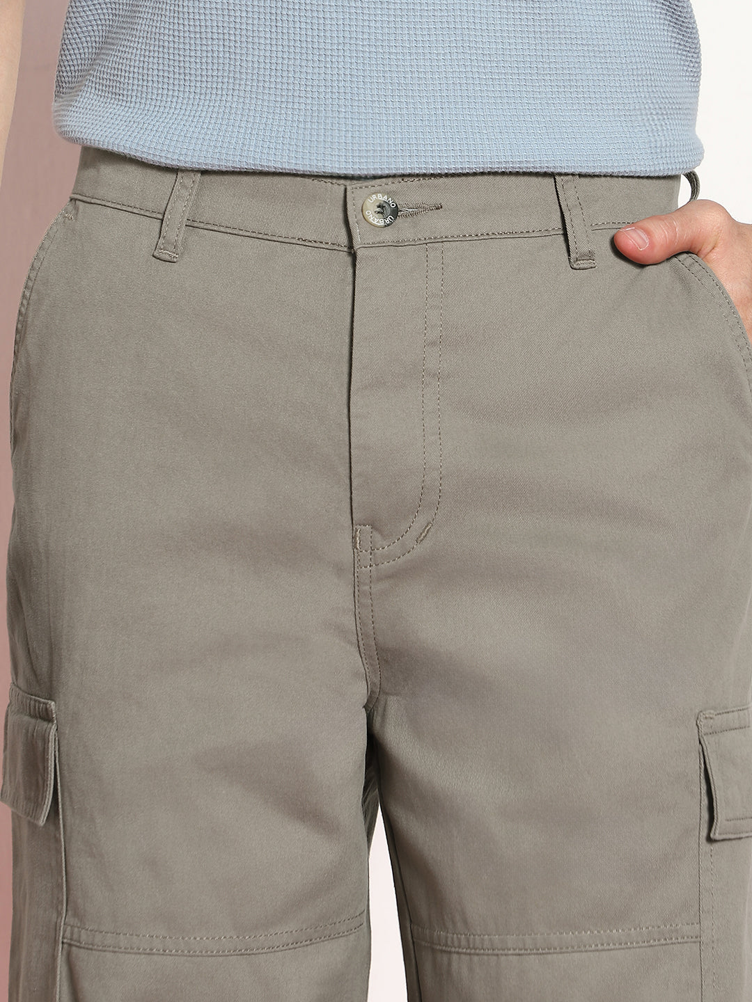 Men's Steel Grey Loose Baggy Fit Solid Cargo Chino Pant with 6 Pockets Non-Stretchable