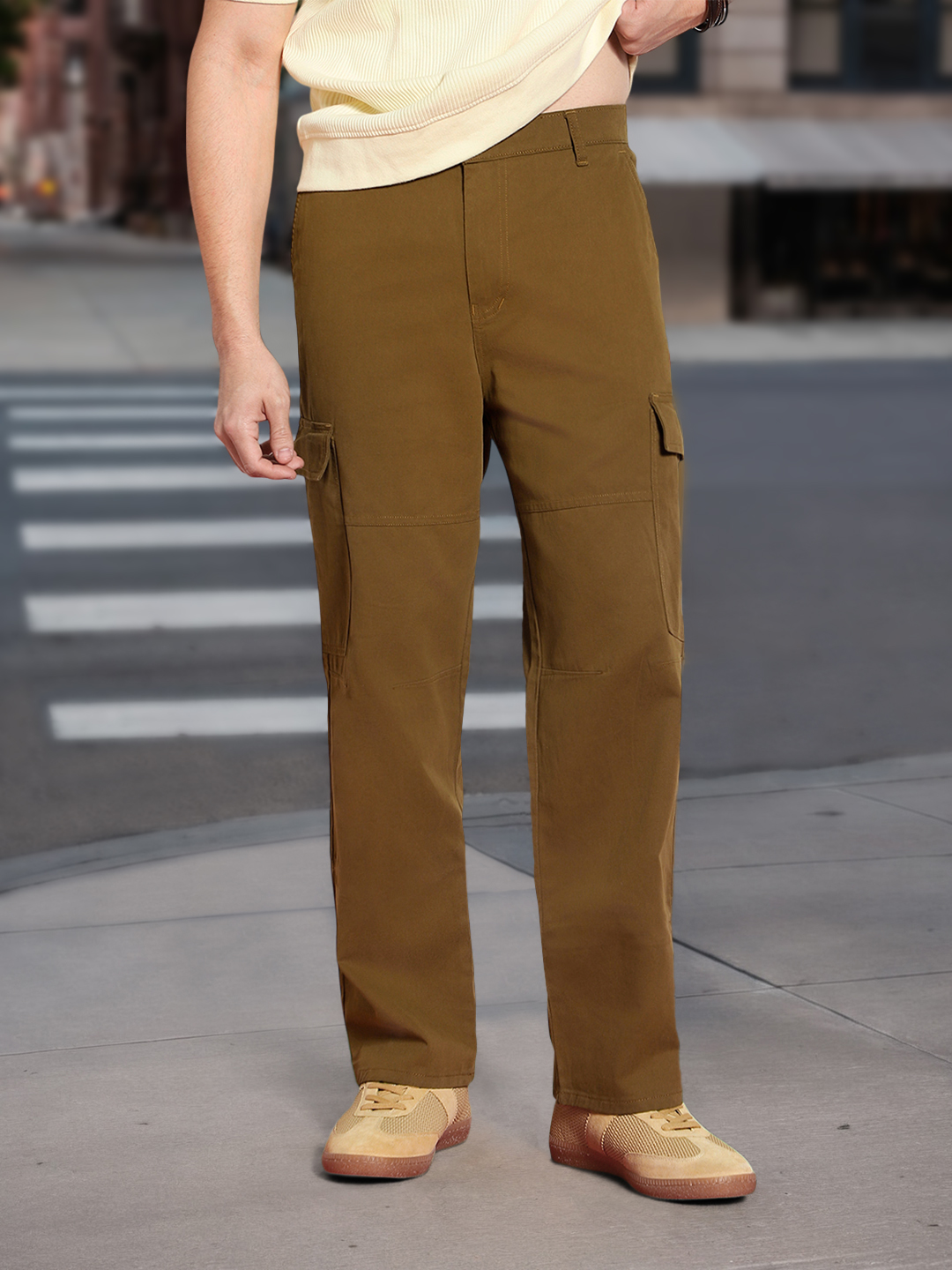 Men's Tobacco Loose Baggy Fit Solid Cargo Chino Pant with 6 Pockets Non-Stretchable