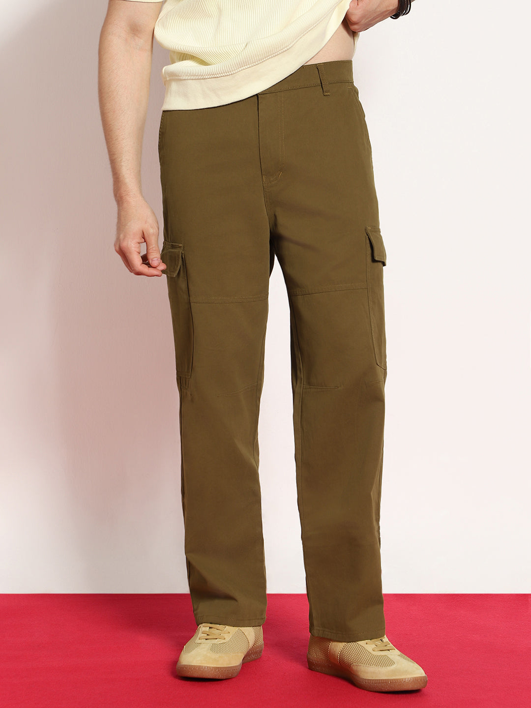 Men's Tobacco Loose Baggy Fit Solid Cargo Chino Pant with 6 Pockets Non-Stretchable