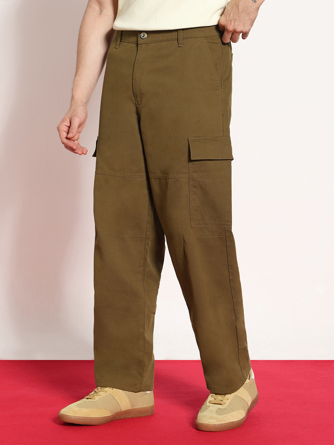 Men's Tobacco Loose Baggy Fit Solid Cargo Chino Pant with 6 Pockets Non-Stretchable