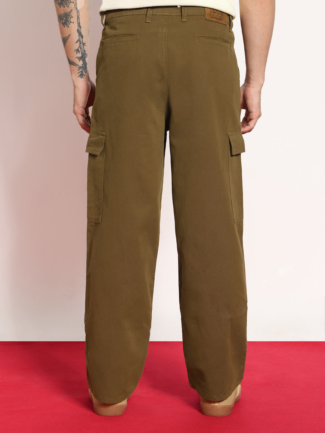 Men's Tobacco Loose Baggy Fit Solid Cargo Chino Pant with 6 Pockets Non-Stretchable