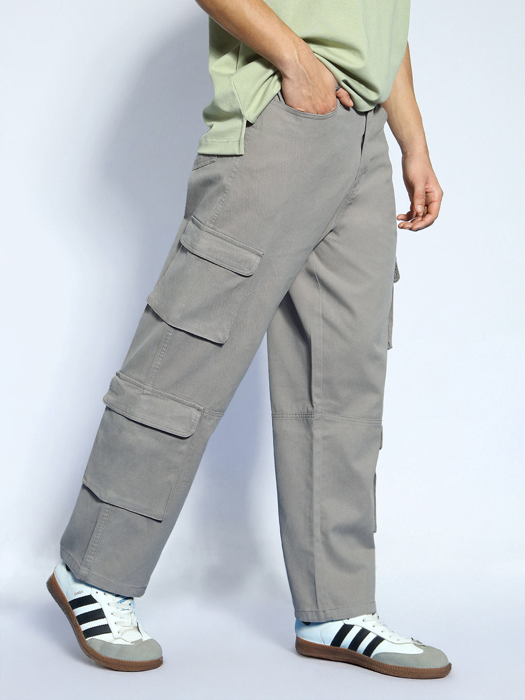 Men's Grey Loose Baggy Fit Cargo Chino Pant with 8 Pockets Stretchable
