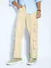 Men's Beige Loose Baggy Fit Cargo Chino Pant with 8 Pockets Stretchable