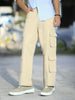 Men's Beige Loose Baggy Fit Cargo Chino Pant with 8 Pockets Stretchable