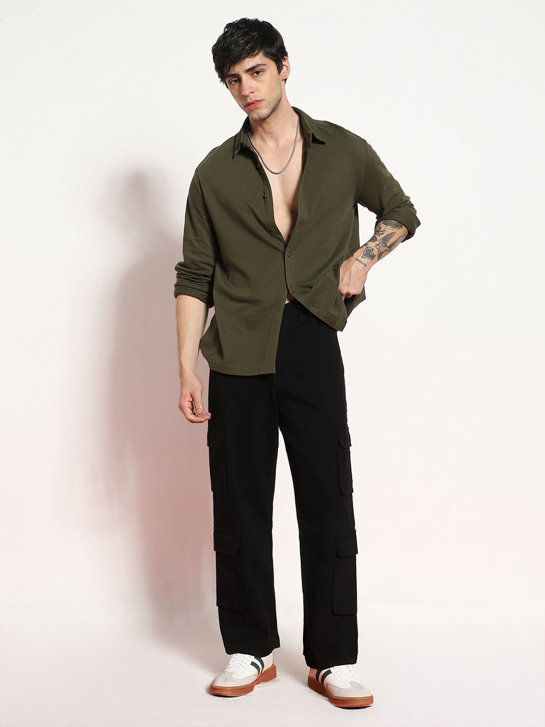 Men's Black Loose Baggy Fit Cargo Chino Pant with 8 Pockets Stretchable