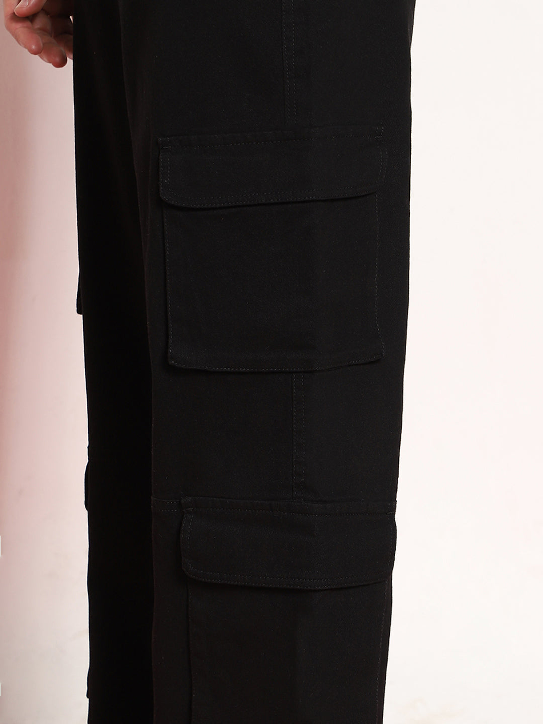 Men's Black Loose Baggy Fit Cargo Chino Pant with 8 Pockets Stretchable