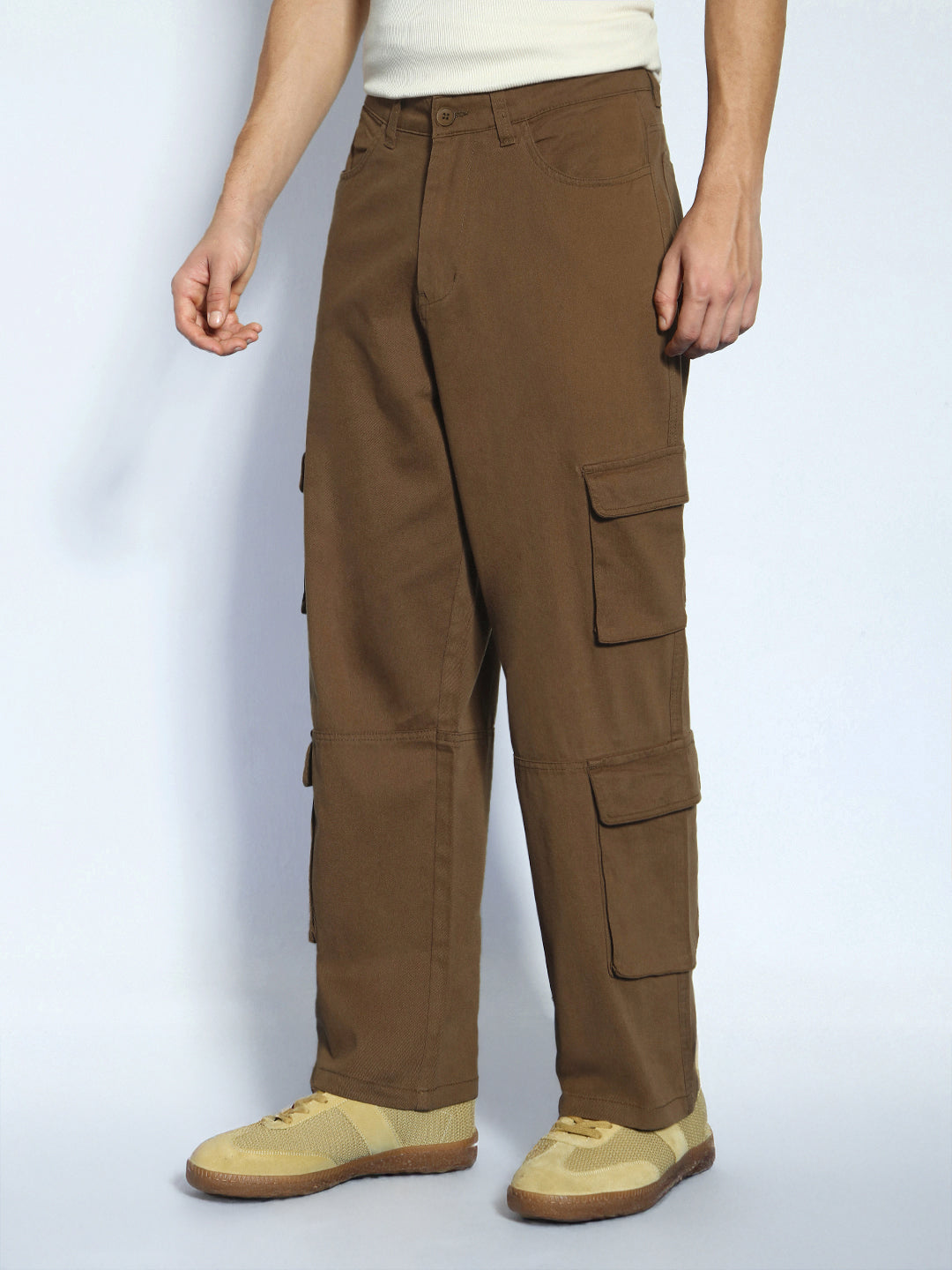 Men's Brown Loose Baggy Fit Cargo Chino Pant with 8 Pockets Stretchable
