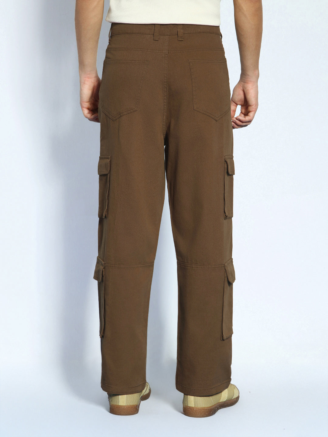 Men's Brown Loose Baggy Fit Cargo Chino Pant with 8 Pockets Stretchable