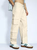 Men's Cream Loose Baggy Fit Cargo Chino Pant with 8 Pockets Stretchable