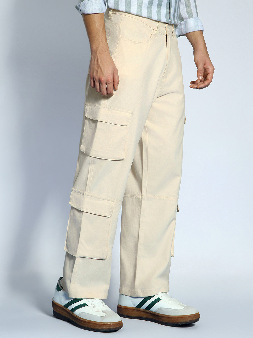 Men's Cream Loose Baggy Fit Cargo Chino Pant with 8 Pockets Stretchable