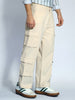 Men's Cream Loose Baggy Fit Cargo Chino Pant with 8 Pockets Stretchable