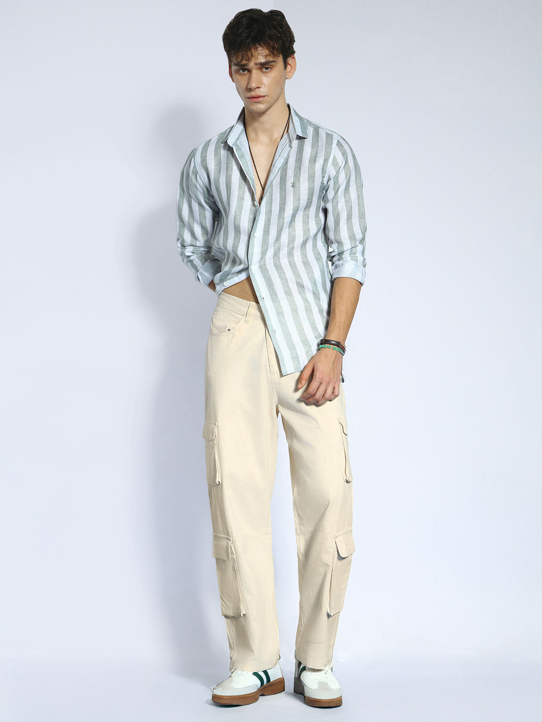 Men's Cream Loose Baggy Fit Cargo Chino Pant with 8 Pockets Stretchable