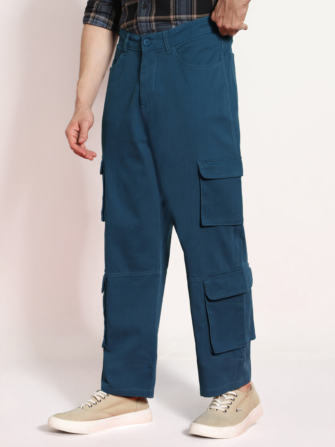 Men's Denim Blue Loose Baggy Fit Cargo Chino Pant with 8 Pockets Stretchable