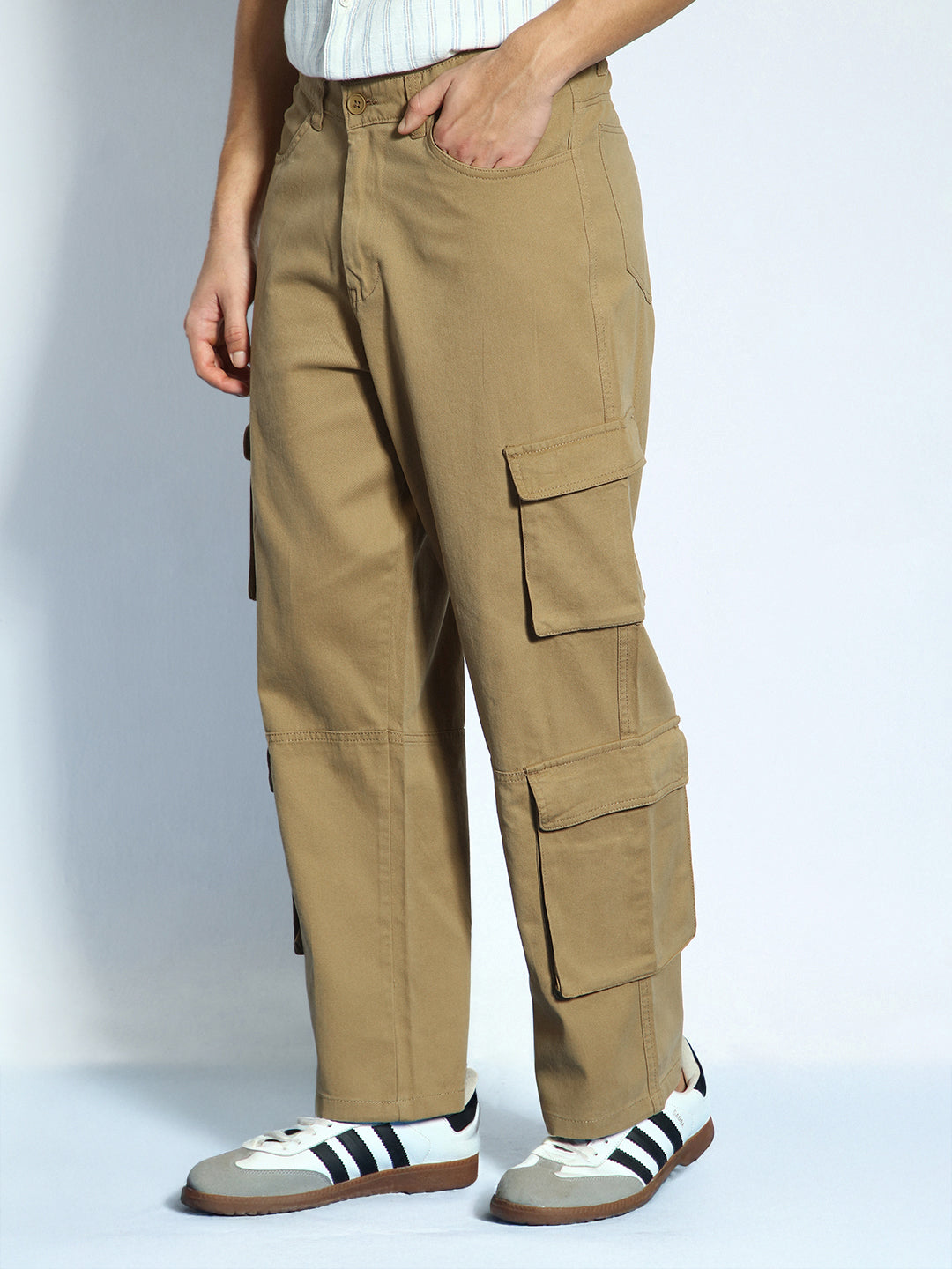 Men's Khaki Loose Baggy Fit Cargo Chino Pant with 8 Pockets Stretchable