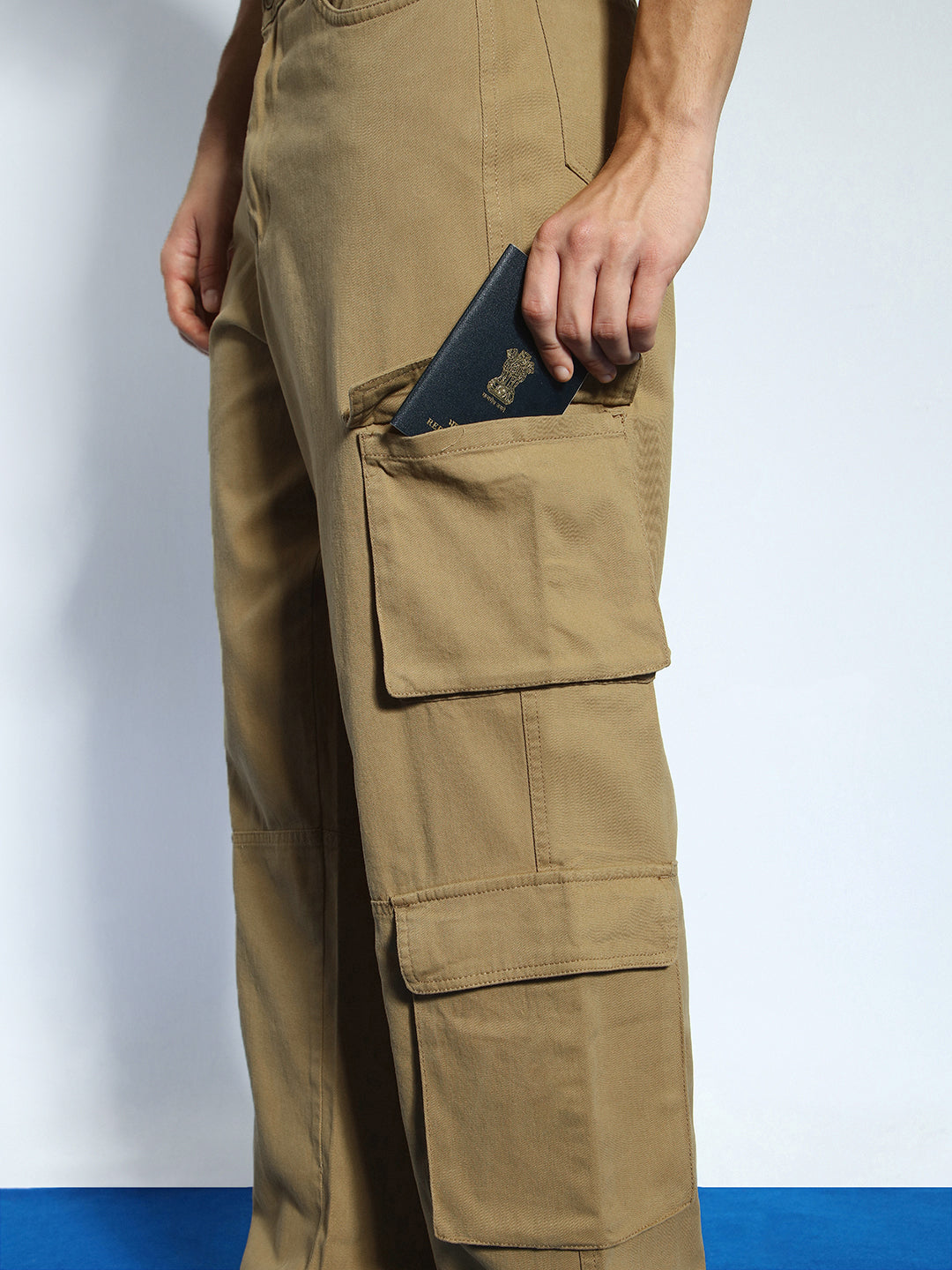 Men's Khaki Loose Baggy Fit Cargo Chino Pant with 8 Pockets Stretchable