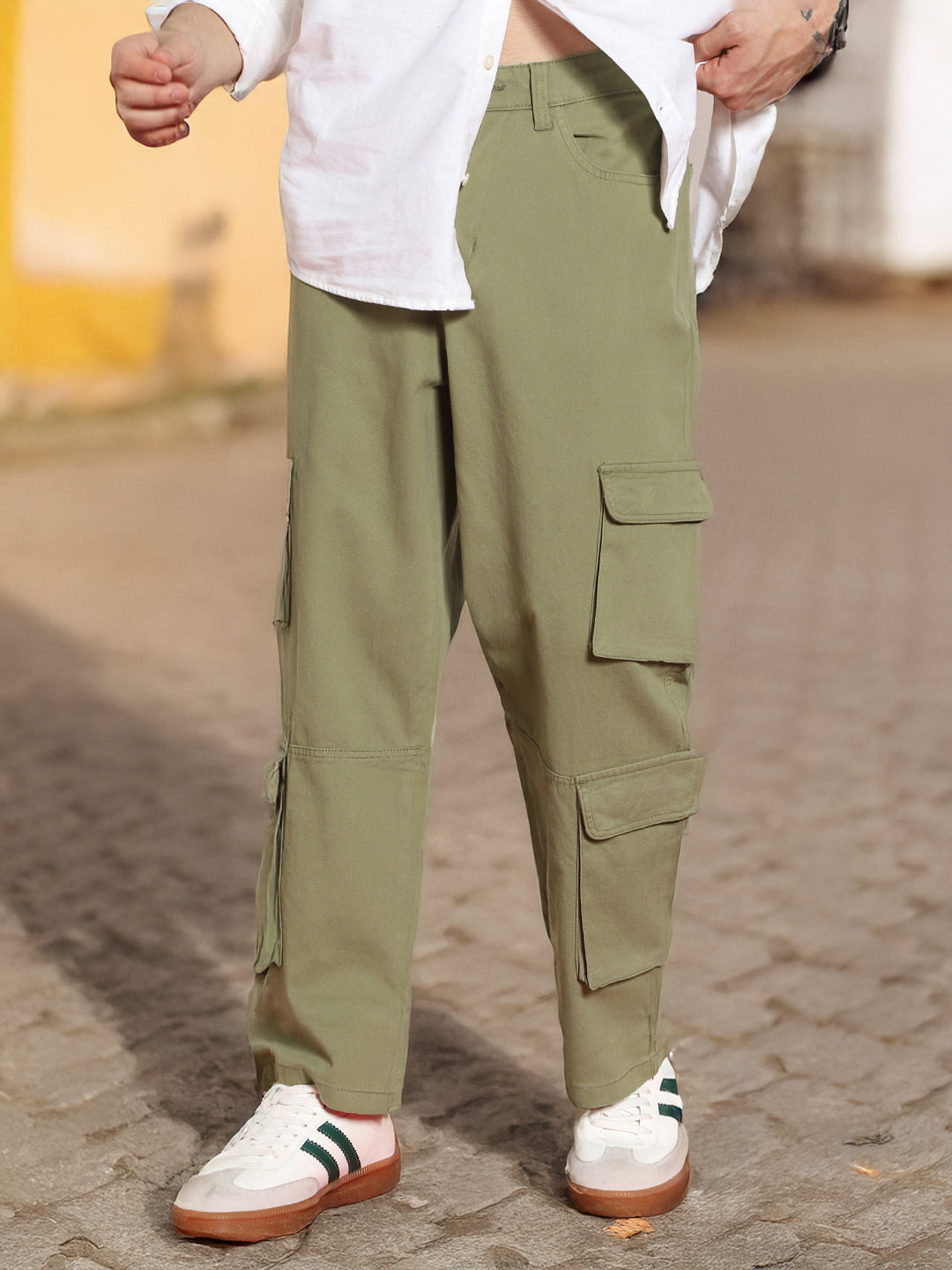 Men's Light Olive Loose Baggy Fit Cargo Chino Pant with 8 Pockets Stretchable