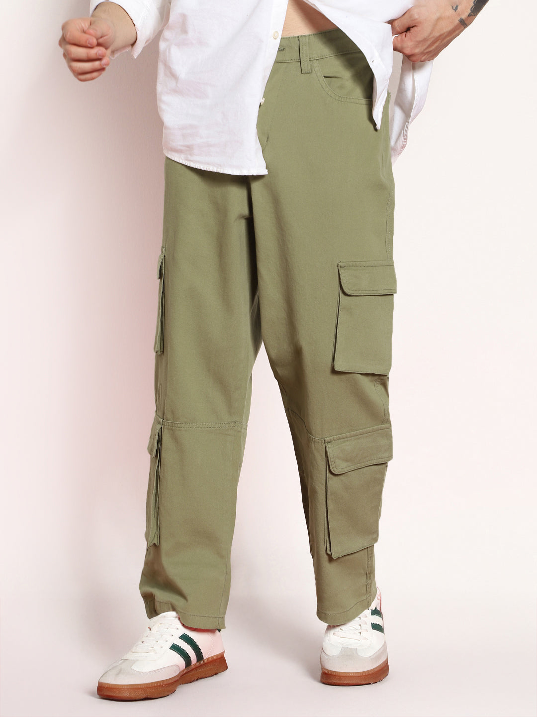 Men's Light Olive Loose Baggy Fit Cargo Chino Pant with 8 Pockets Stretchable