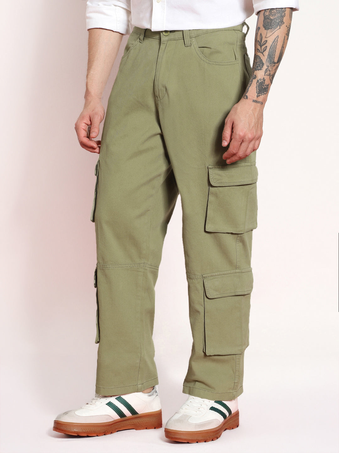Men's Light Olive Loose Baggy Fit Cargo Chino Pant with 8 Pockets Stretchable