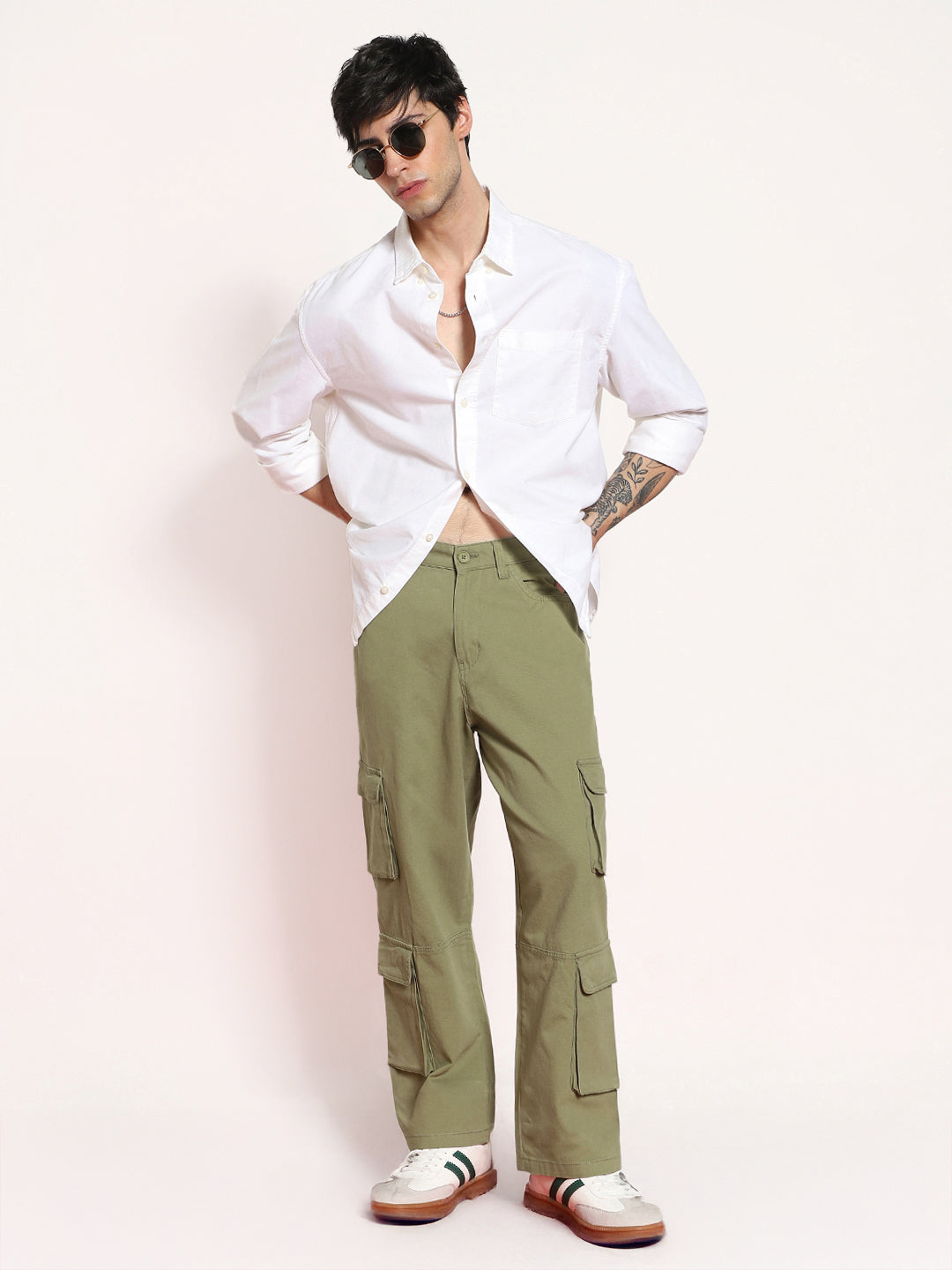 Men's Light Olive Loose Baggy Fit Cargo Chino Pant with 8 Pockets Stretchable