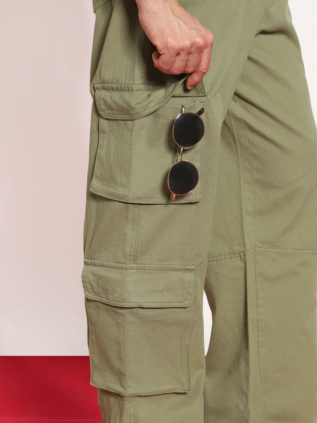 Men's Light Olive Loose Baggy Fit Cargo Chino Pant with 8 Pockets Stretchable