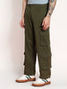 Men's Olive Loose Baggy Fit Cargo Chino Pant with 8 Pockets Stretchable