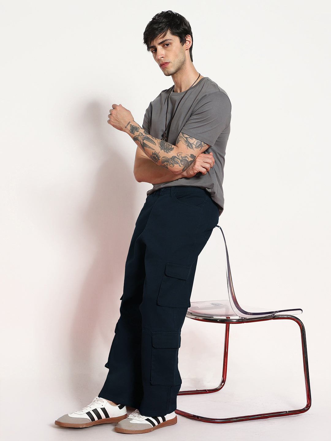 Men's Navy Loose Baggy Fit Cargo Chino Pant with 8 Pockets Stretchable