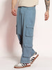 Men's Steel Blue Loose Baggy Fit Cargo Chino Pant with 8 Pockets Stretchable