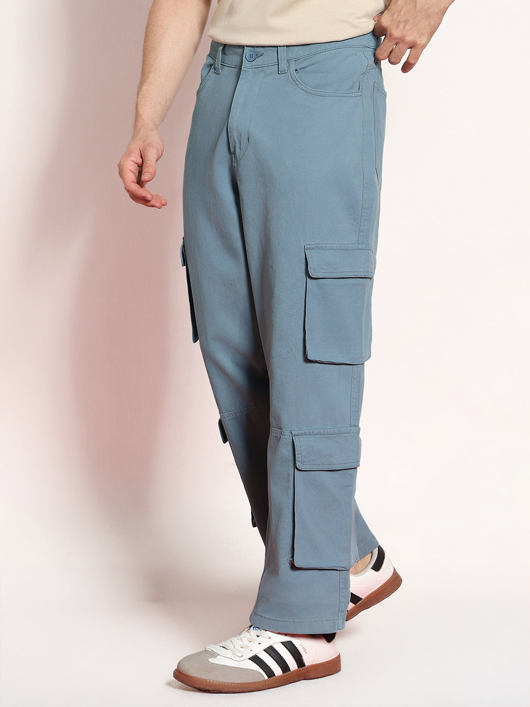 Men's Steel Blue Loose Baggy Fit Cargo Chino Pant with 8 Pockets Stretchable