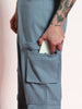 Men's Steel Blue Loose Baggy Fit Cargo Chino Pant with 8 Pockets Stretchable