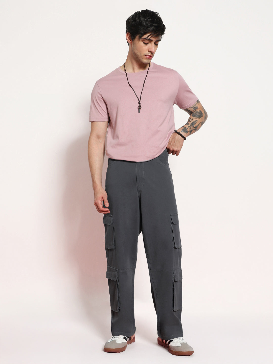 Men's Steel Grey Loose Baggy Fit Cargo Chino Pant with 8 Pockets Stretchable