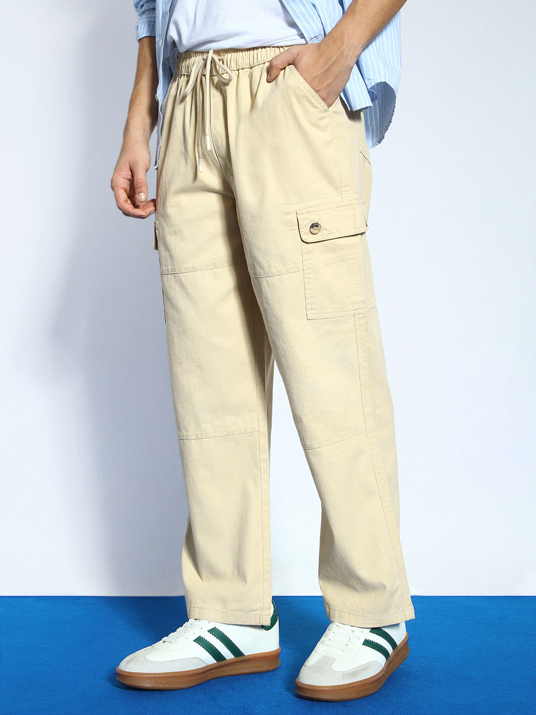 Men's Beige Loose Baggy Fit Cargo Jogger Chino Pant with Pockets Stretchable