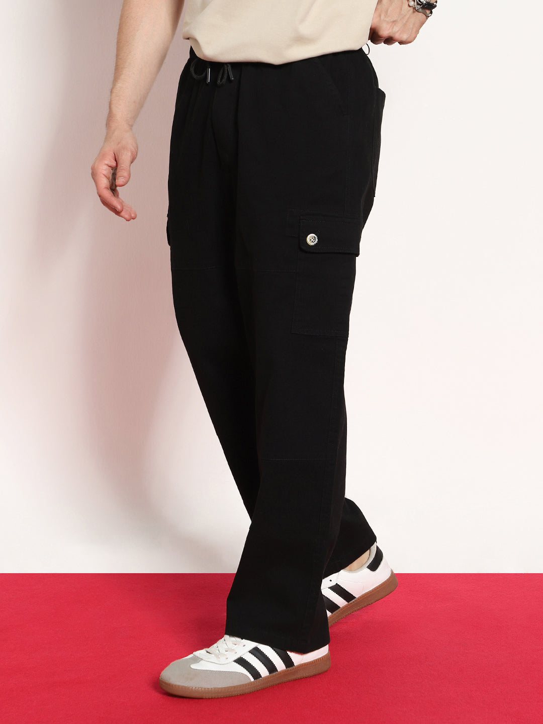 Men's Black Loose Baggy Fit Cargo Jogger Chino Pant with Pockets