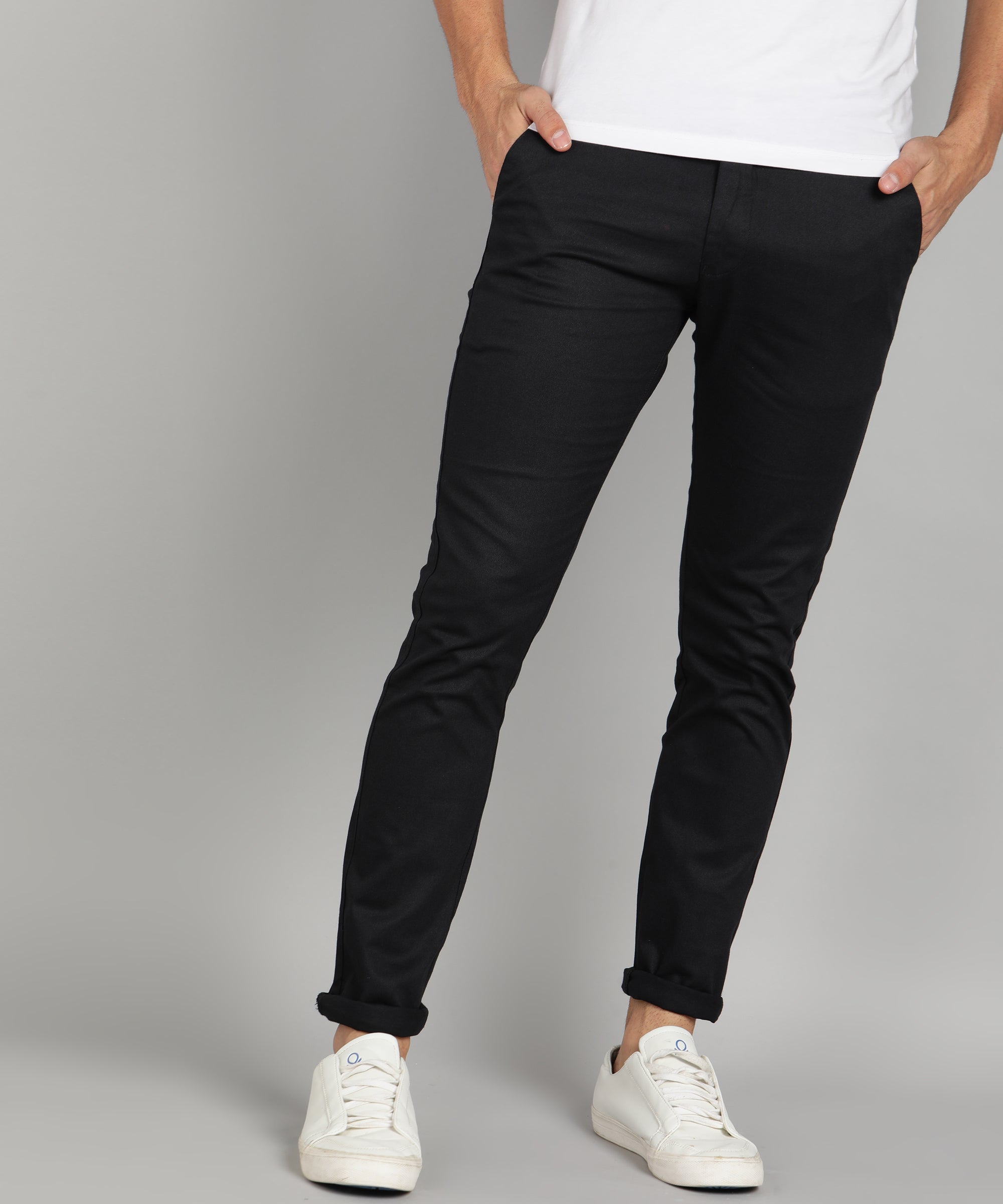 Men's Black Cotton Slim Fit Casual Chinos Trousers Stretch