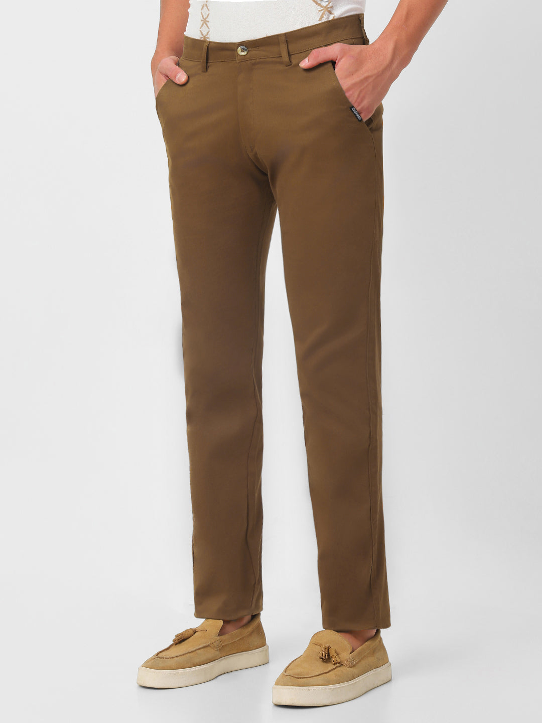 Men's Brown Cotton Slim Fit Casual Chinos Trousers Stretch