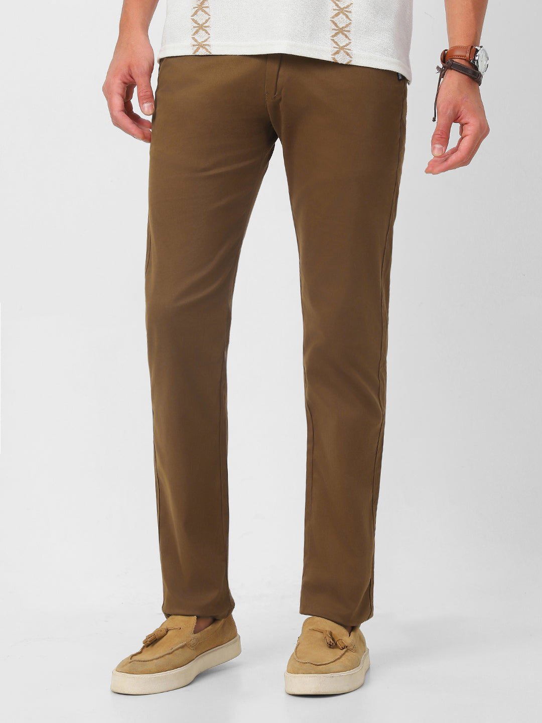 Men's Brown Cotton Slim Fit Casual Chinos Trousers Stretch