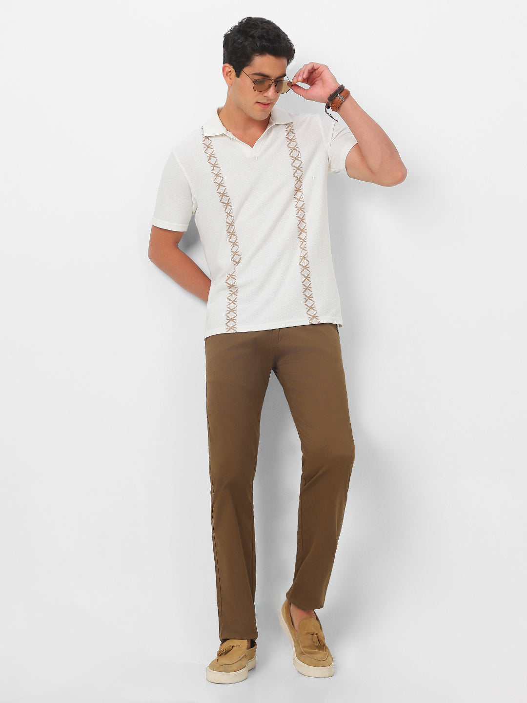 Men's Brown Cotton Slim Fit Casual Chinos Trousers Stretch