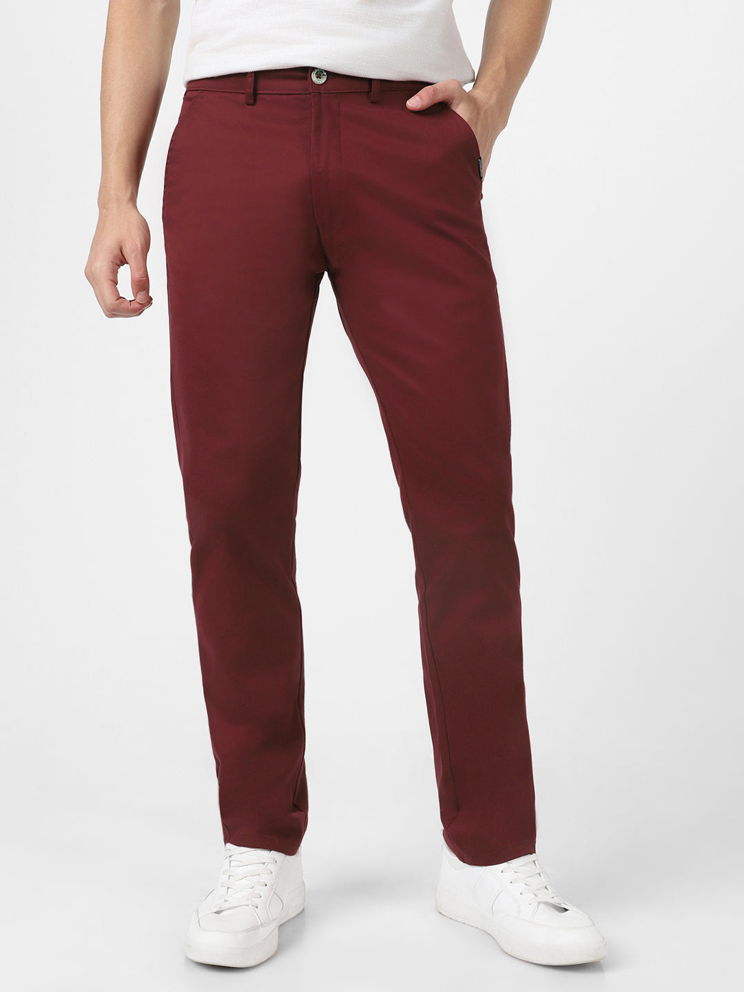 Men's Dark Maroon Cotton Slim Fit Casual Chinos Trousers Stretch