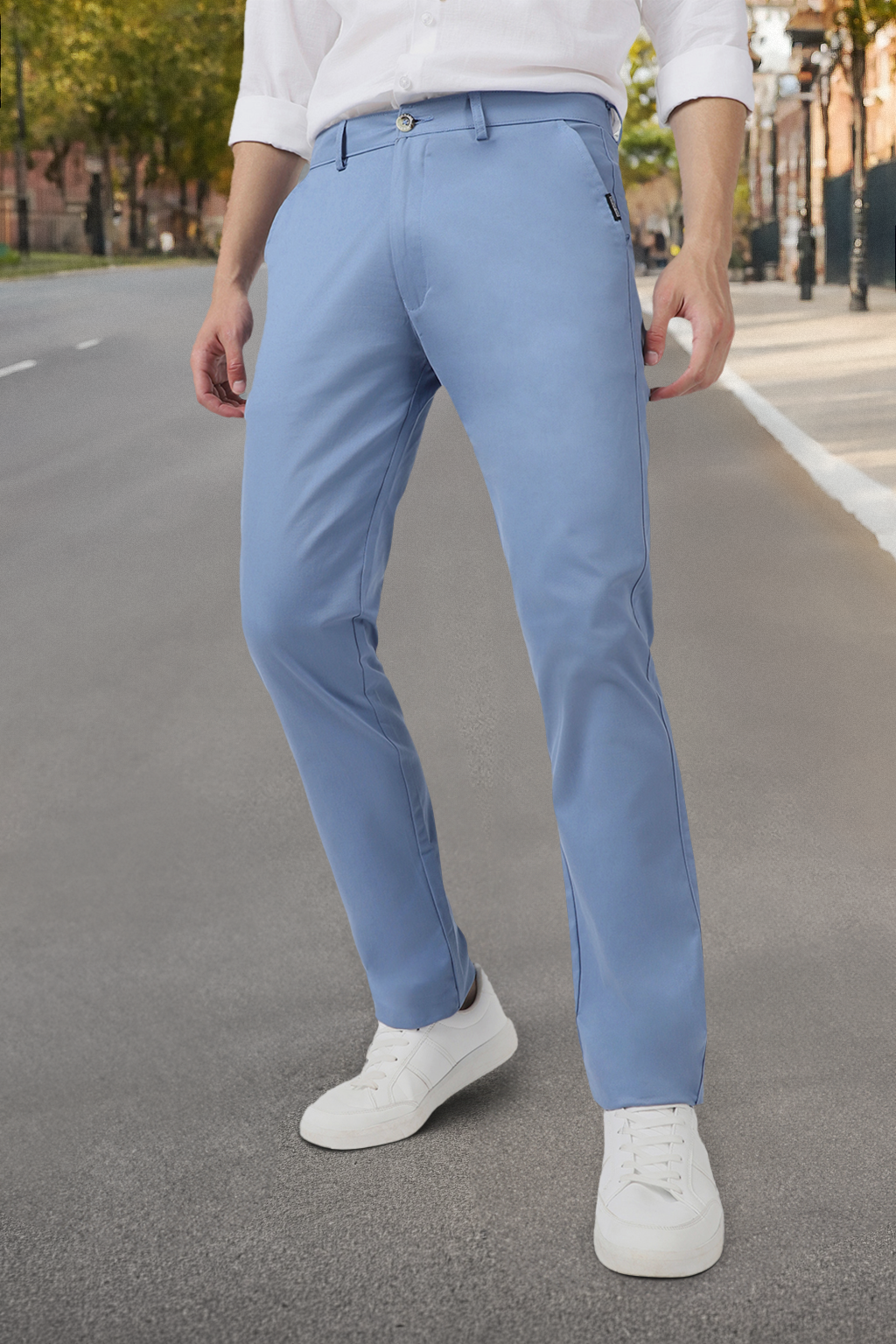 Men s Sky Blue Cotton Slim Fit Casual Chinos Trousers Stretch