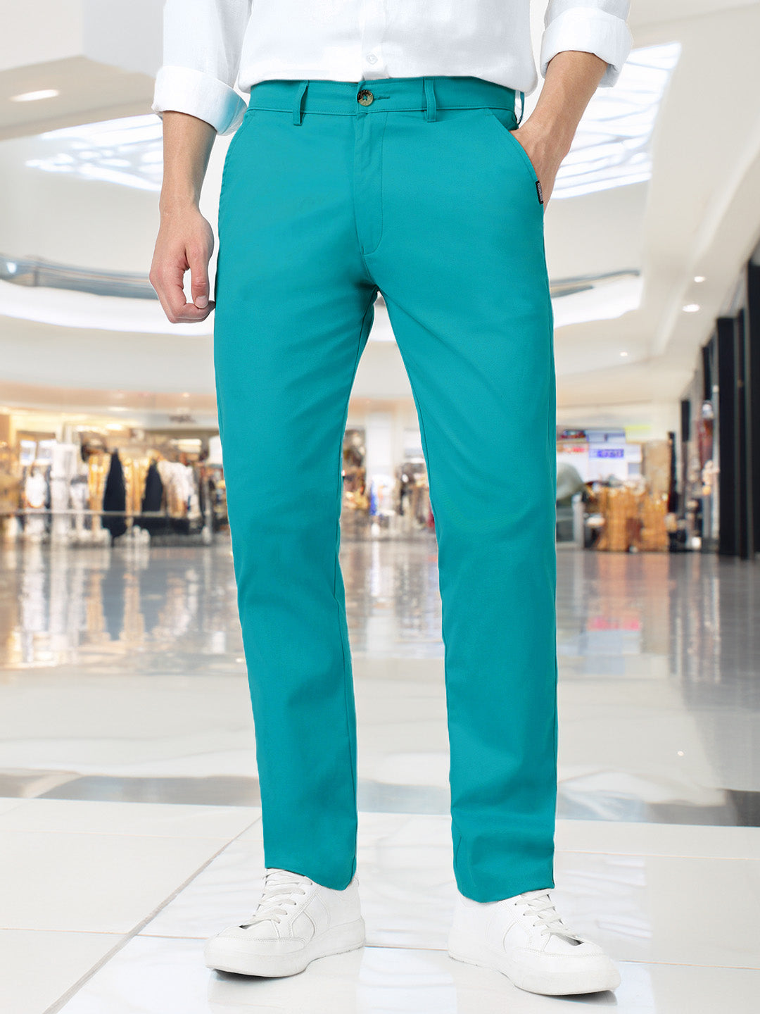 Men's Turquoise Blue Cotton Slim Fit Casual Chinos Trousers Stretch