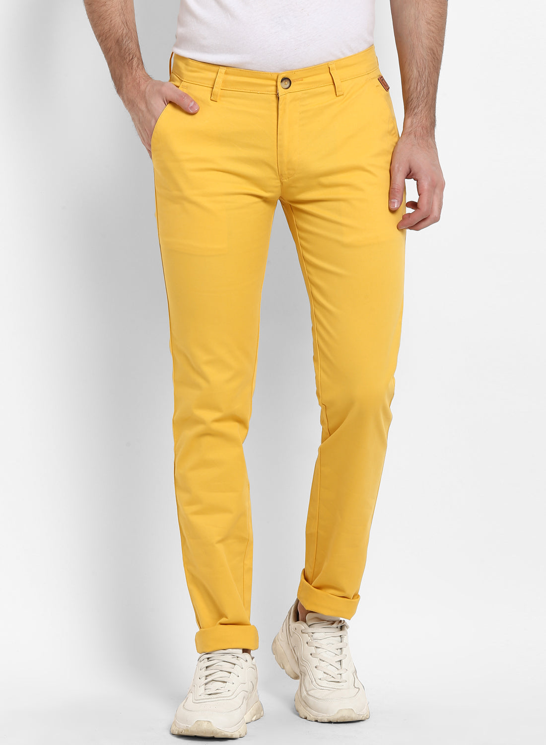 Men's Yellow Cotton Slim Fit Casual Chinos Trousers Stretch