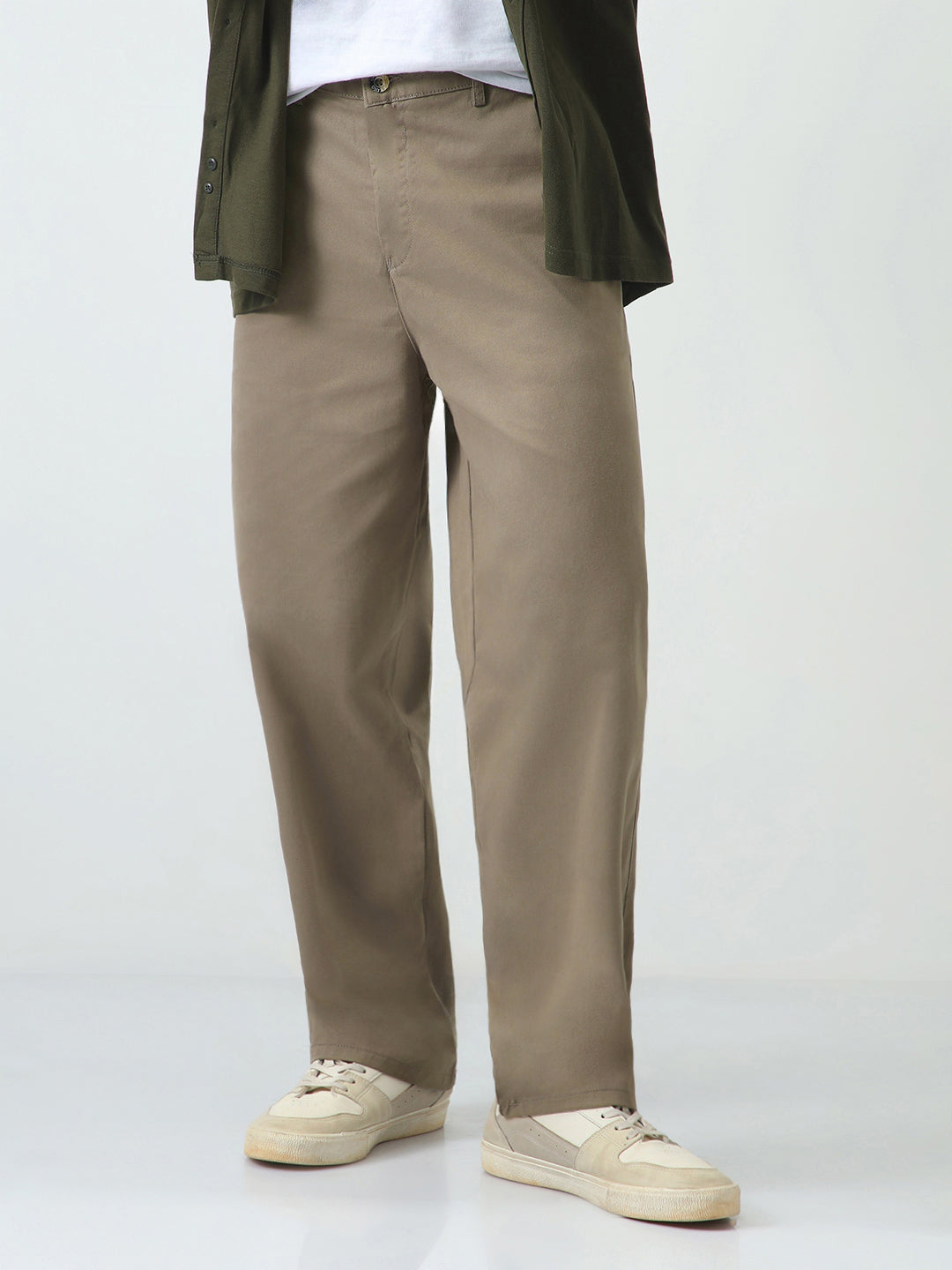 Men's Grey Loose Baggy Fit Solid Chino Trousers Non-Stretchable