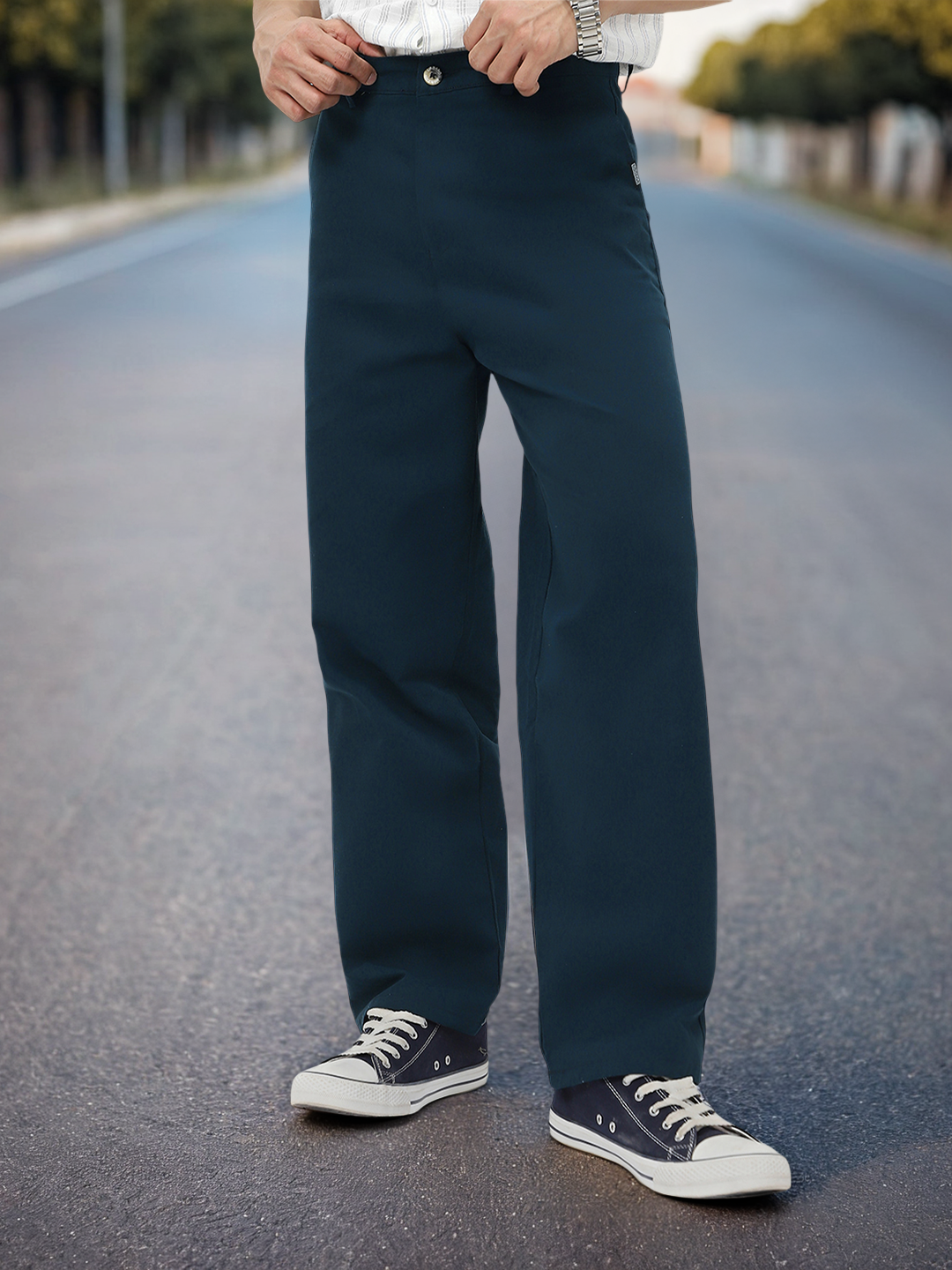Men's Navy Loose Baggy Fit Solid Chino Trousers Non-Stretchable