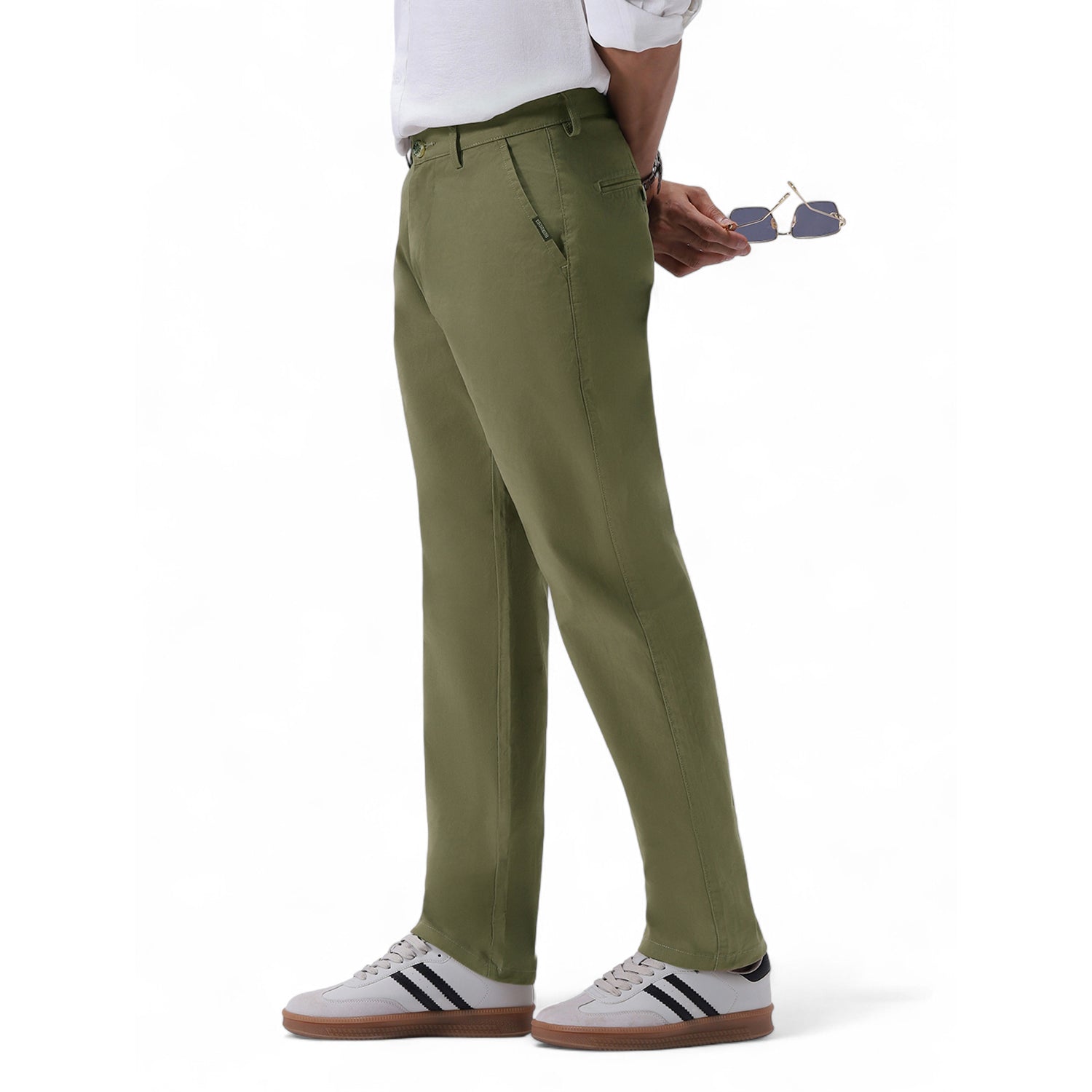 Men's Light Olive Cotton Regular Fit Casual Chinos Trousers Stretch