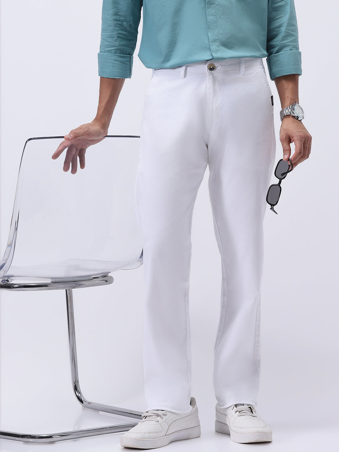 Men's White Cotton Regular Fit Casual Chinos Trousers Stretch