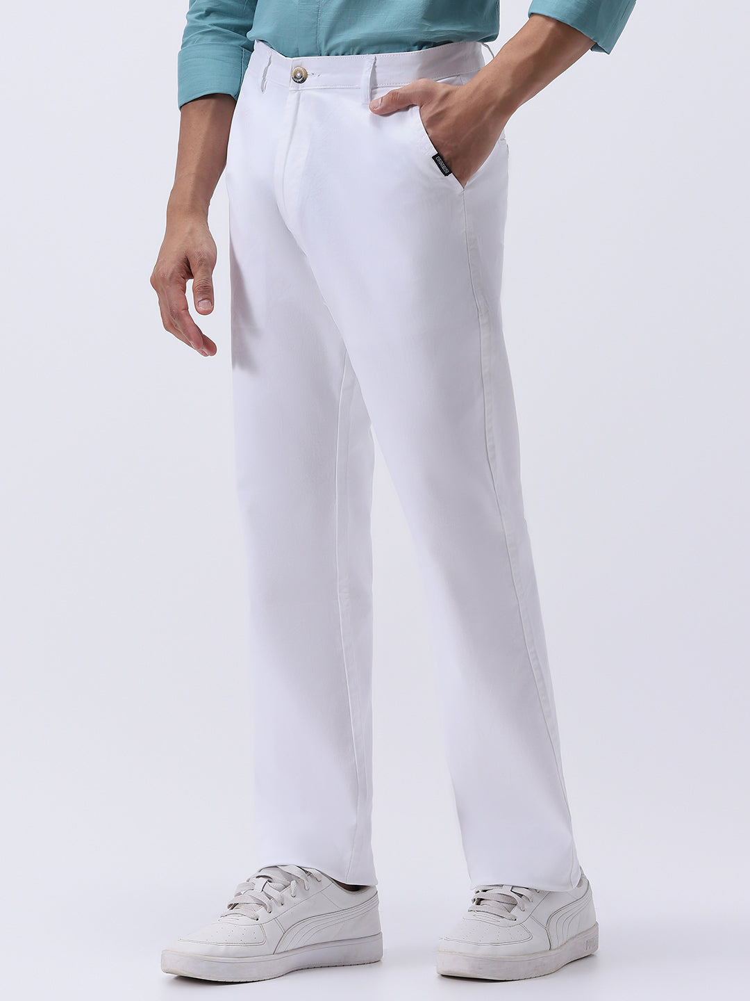 Men's White Cotton Regular Fit Casual Chinos Trousers Stretch