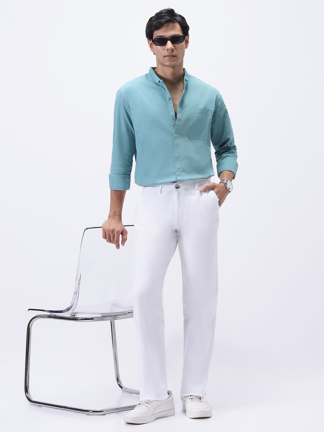 Men's White Cotton Regular Fit Casual Chinos Trousers Stretch